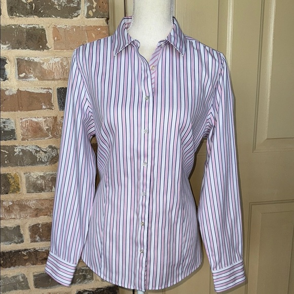 Talbots Perfect Shirt Pink Blue Preppy Stripe Fitted Button Up Shirt Non Iron 10 - Picture 3 of 16